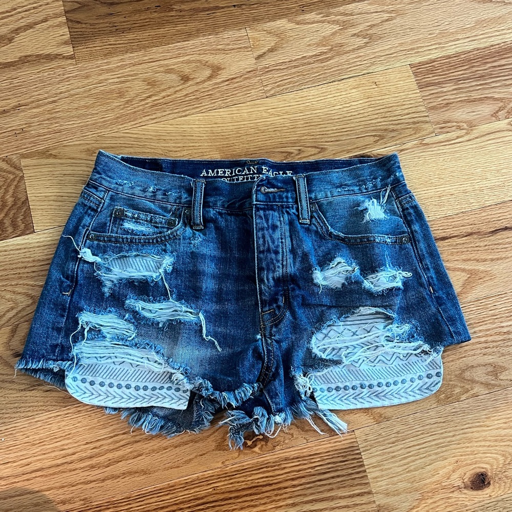 American Eagle Outfitters High Waist Distressed Denim Shorts - Blue